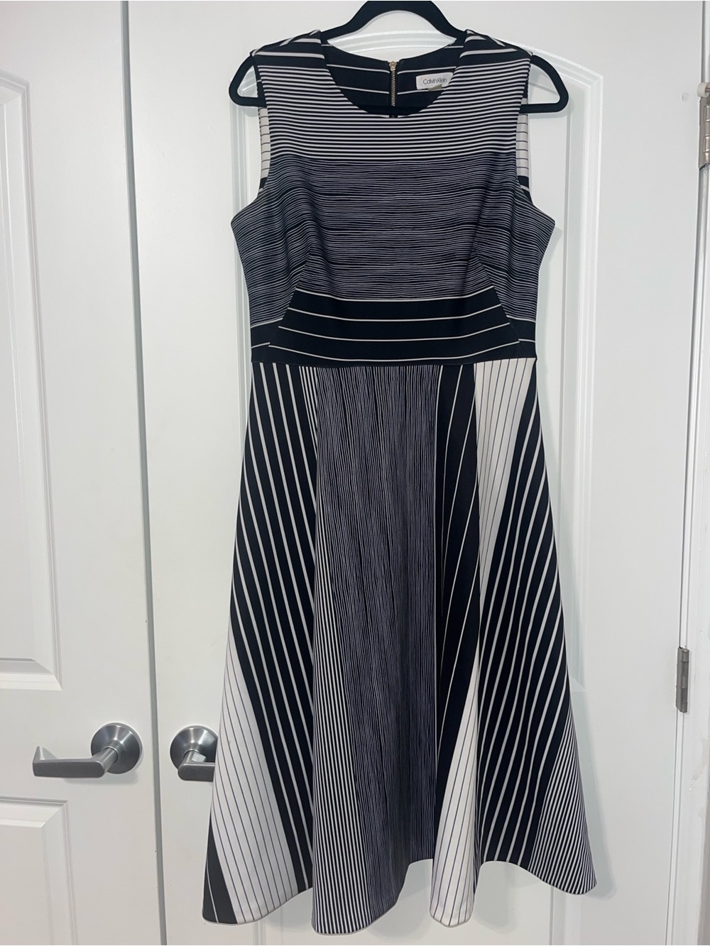 Calvin Klein Black & White Striped Fit-and-Flare MIDI Dress